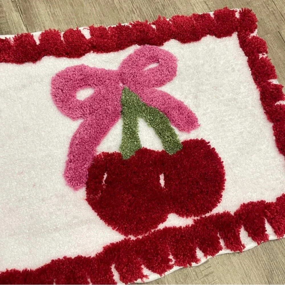 NEW‎ Willow & Reed Cherry Bow Bath Rug 17x24 White Red Pom Pom Trim